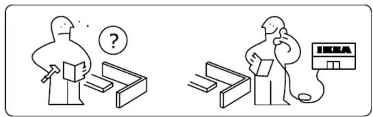 Two cartoon illustrations: one showing a person reading a book with a question mark, the other showing a person holding a tablet with an IKEA device.