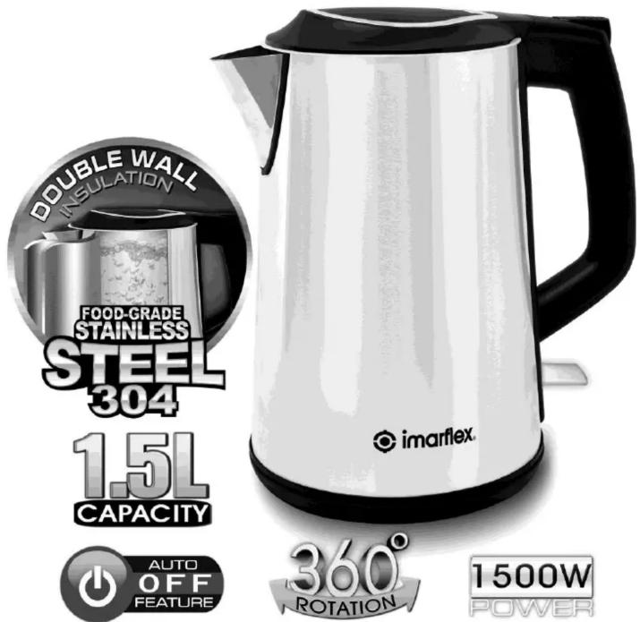DOUBLE WALL INSULATION FOOD-GRADE STAINLESS STEEL 304 1.5L CAPACITY IMARFLX AUTO OFF FEATURE 360° ROTATION 1500W POWER