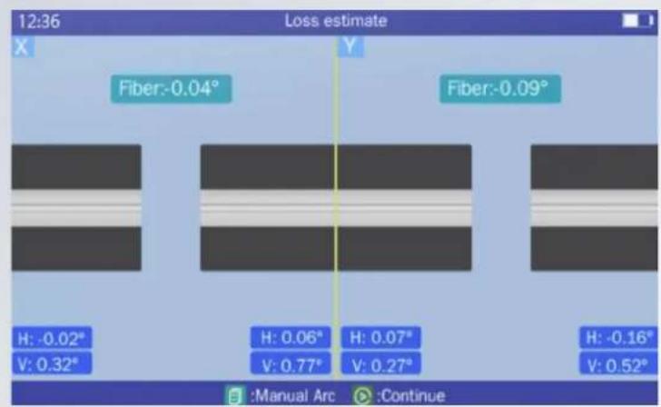 12:36 Loss estimate X Fiber:-0.04° Fiber:-0.09° H: -0.02° V: 0.32° H: 0.06° V: 0.77° H: 0.07° V: 0.27° H: -0.16° V: 0.52° :Manual Arc :Continue