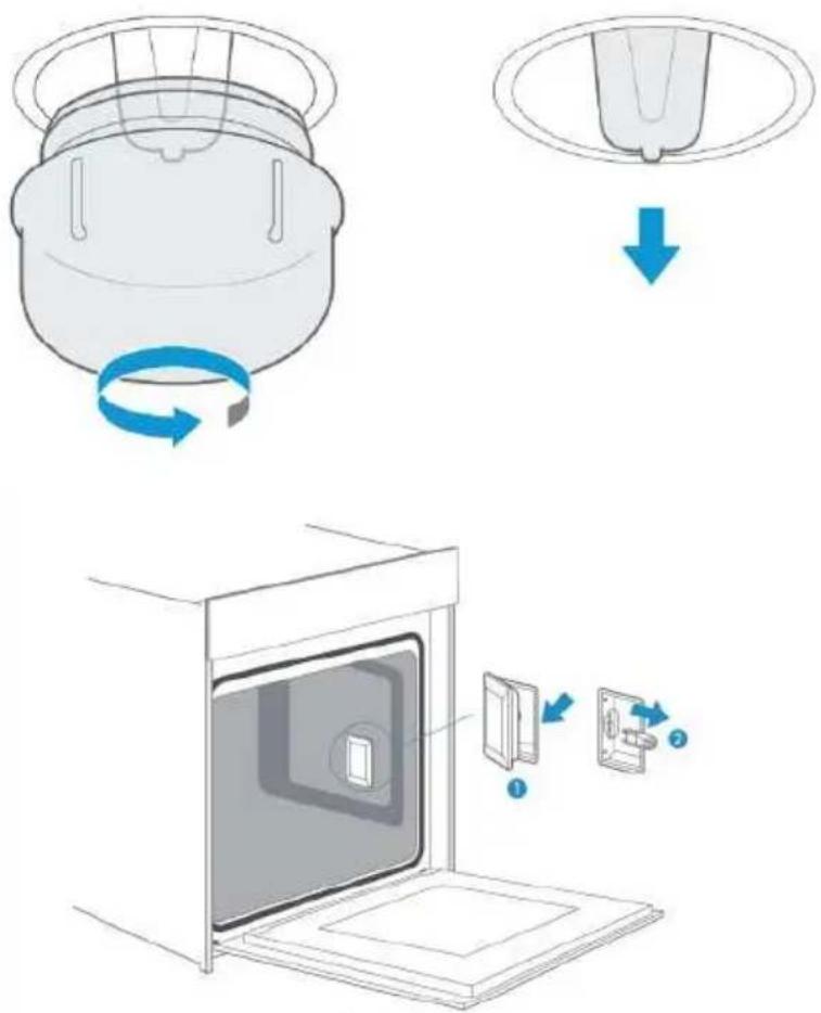 Diagram illustrating a kitchen appliance installation process with labeled components and directional arrows indicating rotation and component movement.