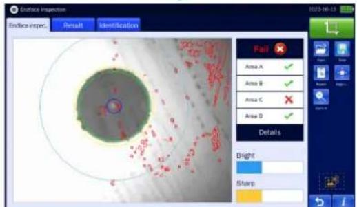 Surface inspection Endface-imper. Result Identification Fail Area A ✓ Area B ✓ Area C ✗ Area D ✓ Details Bright Sharp
