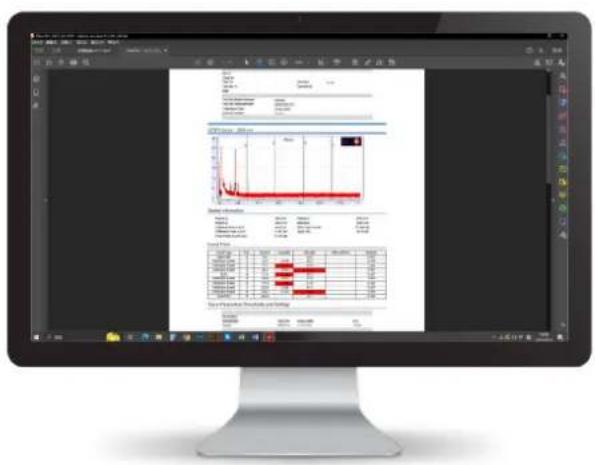 Computer screen displaying a financial analysis dashboard with bar charts and statistical data, alongside a financial chart.