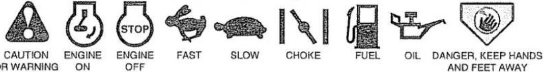 CAUTION WARNING ENGINE ON STOP ENGINE OFF FAST SLOW CHOKE FUEL OIL DANGER, KEEP HANDS AND FEET AWAY