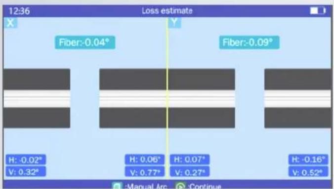 12:36 Loss estimate X Fiber:-0.04° Fiber:-0.09° H: -0.02° V: 0.32° H: 0.06° V: 0.77° H: 0.07° V: 0.27° H: -0.16° V: 0.52° Manual Arc Continue