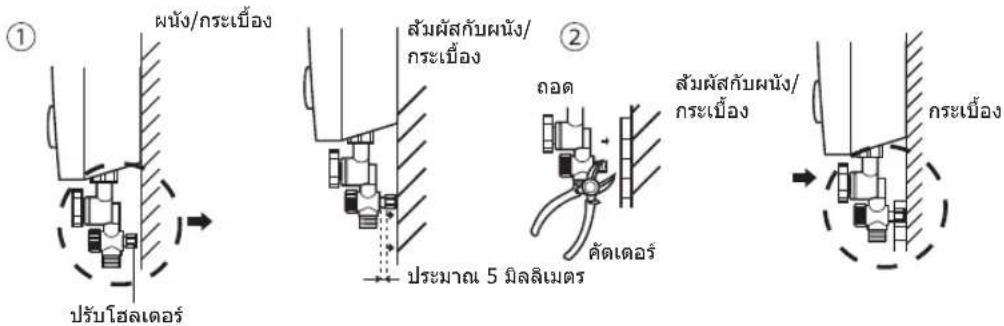 ① ผนัง/กระเบื้อง ปรับโฮลเตอร์ สัมผัสกับผนัง/ กระเบื้อง ประมาณ 5 มิลลิเมตร ② ถอด คัดเตอร์ สัมผัสกับผนัง/ กระเบื้อง กระเบื้อง