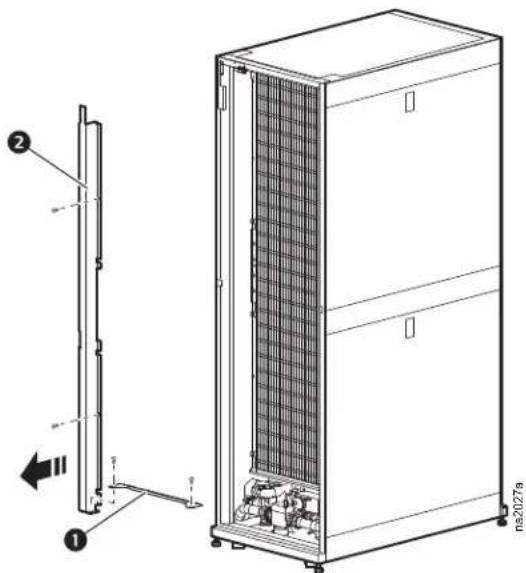 Technical diagram of a server rack unit with labeled components and directional arrows indicating assembly or installation.