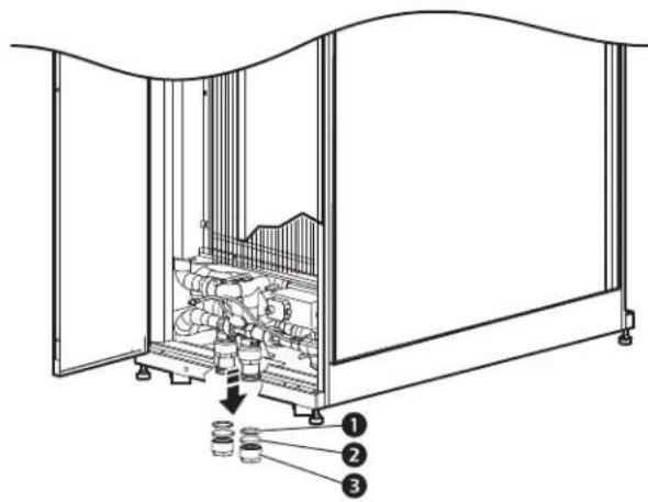 Technical diagram of an industrial machine with labeled components and a downward arrow indicating assembly or inspection.