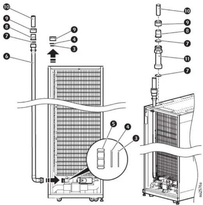 Technical diagram of a refrigeration unit with numbered components and labeled parts, including a zoomed-in inset view.