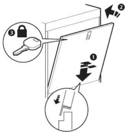 Diagram illustrating door lock and door door mechanism with labeled parts and directional arrows
