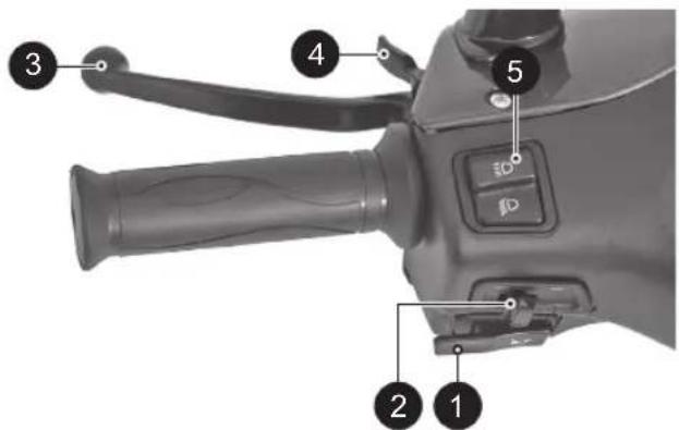 Labeled diagram of a motor control lever with numbered parts and key buttons