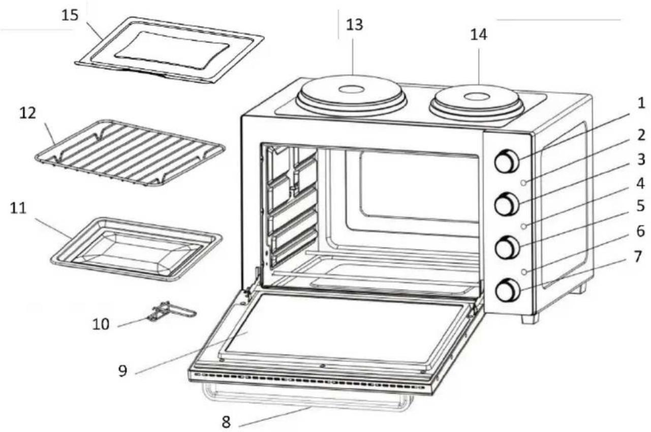 Exploded view diagram of a microwave oven with numbered components for identification