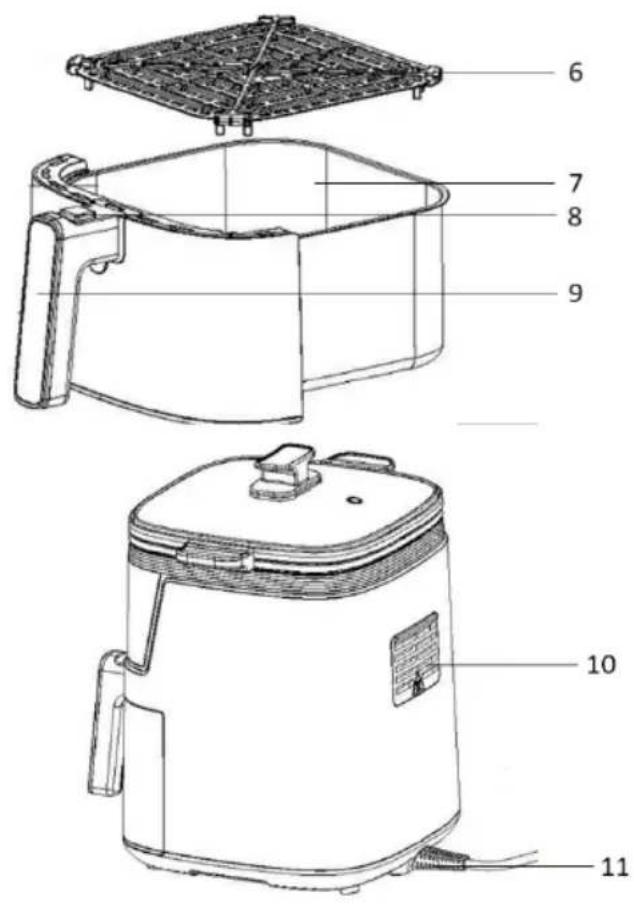 Technical diagram of a rice cooker with numbered parts for identification