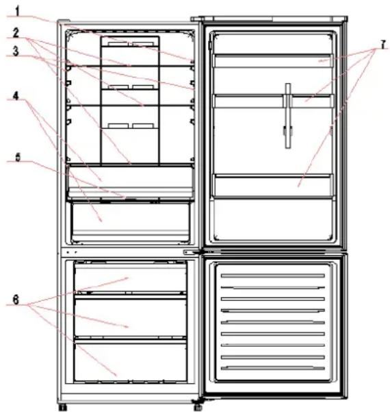 Technical diagram of a refrigerator with numbered components and labeled parts