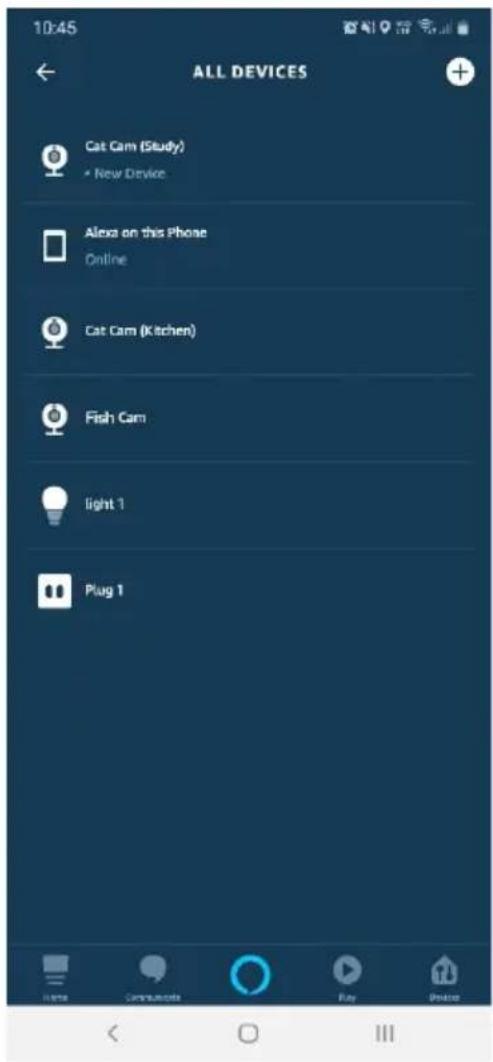 10:45 ALL DEVICES Cat Cam (Study) • New Device Alexa on this Phone Online Cat Cam (Kitchen) Fish Cam light 1 Plug 1
