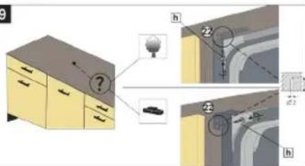 Diagram showing a cabinet with labeled parts and annotations, including a question mark and numbered callouts.