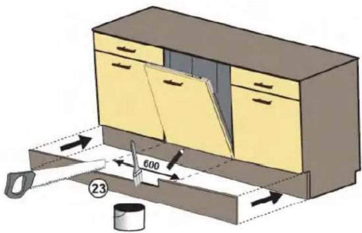 Diagram of a kitchen cabinet with labeled components and directional arrows indicating parts of the cabinet.