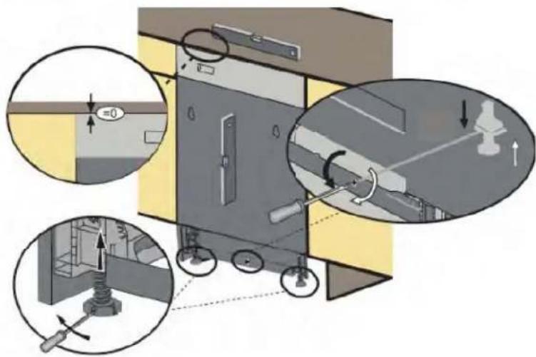 Diagram illustrating door lock mechanism with labeled components and directional arrows indicating movement or assembly.
