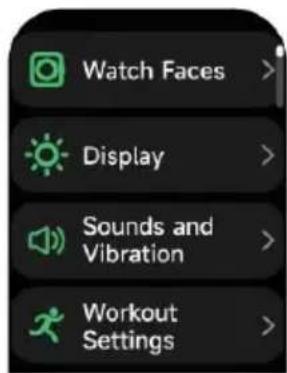 Watch Faces > Display > Sounds and Vibration > Workout Settings >