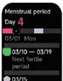 Menstrual period Day 4 03/01 Mon 03/10 — 03/19 Next fertile period 03/15