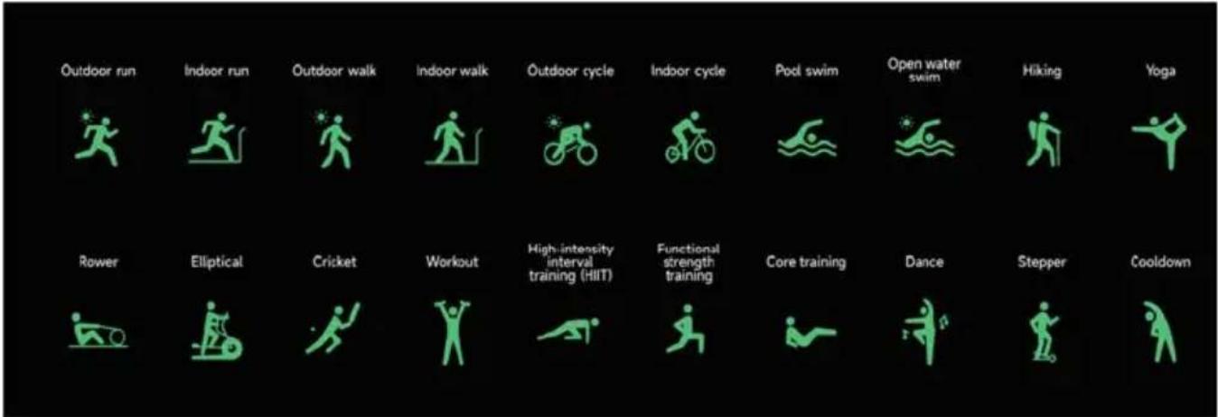 Outdoor run Indoor run Outdoor walk Indoor walk Outdoor cycle Indoor cycle Pool swim Open water swim Hiking Yoga Rower Elliptical Cricket Workout High-intensity interval training (HIIT) Functional strength training Core training Dance Stepper Cooldown