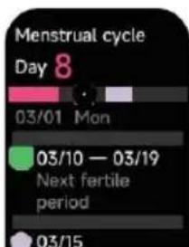 Menstrual cycle Day 8 03/01 Mon 03/10 — 03/19 Next fertile period 03/15