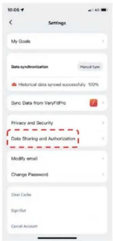10:06 Settings My Goals Data synchronization Manual Sync Historical data synced successfully 100% Sync Data from VeryFitPro Privacy and Security Data Sharing and Authorization Modify email Change Password Clear Cache Sign Our Cancel Account