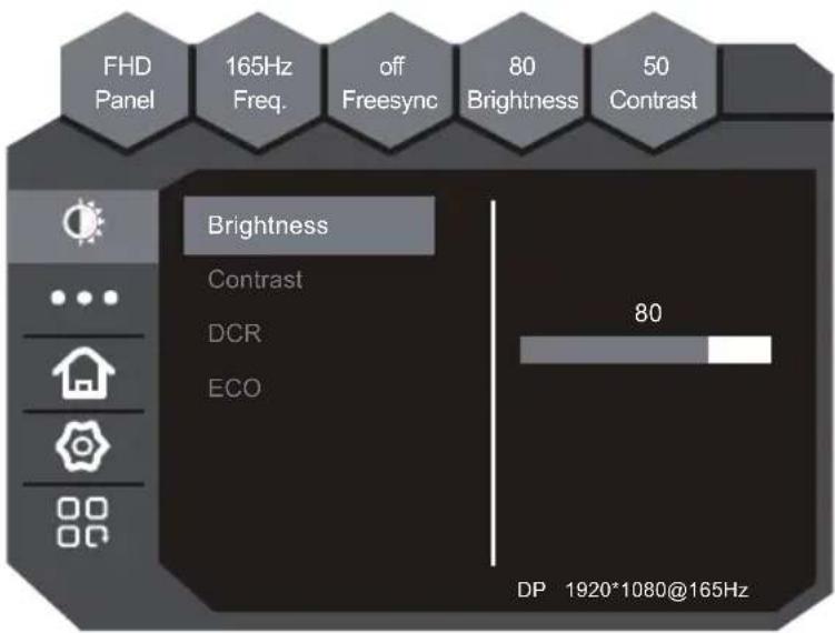 FHD Panel 165Hz Freq. off Freesync 80 Brightness 50 Contrast Brightness Contrast DCR ECO 80 DP 1920*1080@165Hz