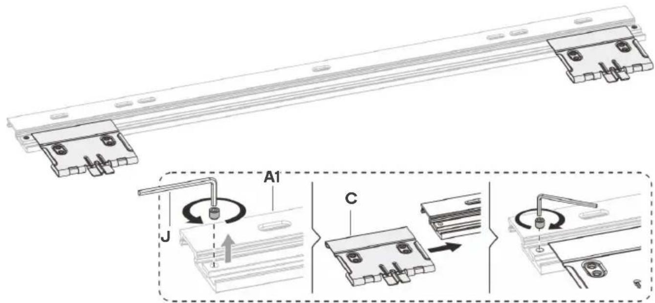 Technical diagram showing assembly steps of a mechanical component with labeled parts A1, C, and J