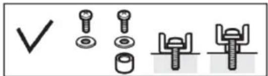 Diagram showing four types of bolt and nut assembly symbols: checkmark, two screws, one nut, and three bolts.