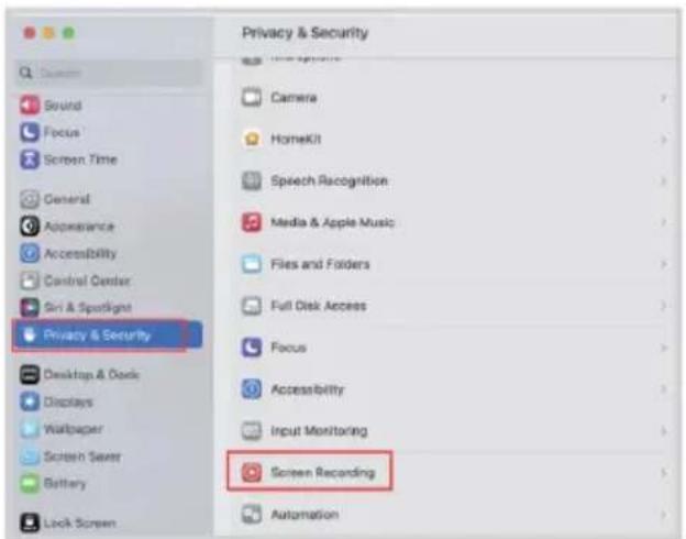 Privacy & Security Desktop & Dock Displays Wallpaper Screen Saver Battery Lock Screen Sound Focus Screen Time General Appearance Accessibility Control Center Siri & Spotlight Privacy & Security Camera HomeKit Speech Recognition Media & Apple Music Files and Folders Full Disk Access Focus Accessibility Input Monitoring Screen Recording Automation