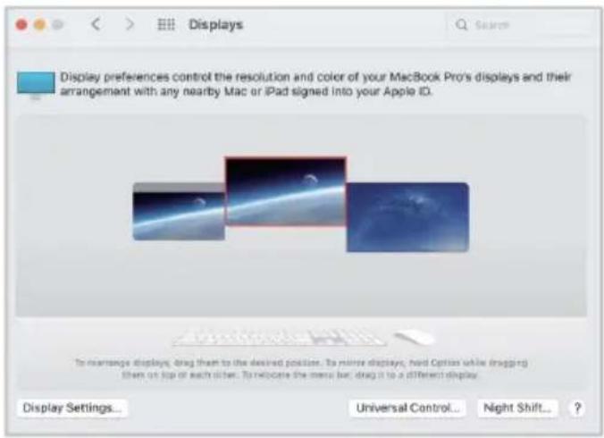 Display preferences control the resolution and color of your MacBook Pro's displays and their arrangement with any nearby Mac or iPad signed into your Apple ID. To rearrange displays, drag them to the desired position. To mirror displays, hard Options while dragging them on top or each other. To welcome the menu bar, drag it to a different display. Display Settings... Universal Control... Night Shift... ?