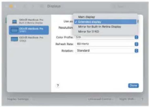 Displays I/OA/AR MacBook Pro Built-in Retina Display I/OA/AR MacBook Pro 5190 I/OA/AR MacBook Pro 5192 Use as: Resolution: Color Profile: 519 Refresh Rate: 60 Hertz Rotation: Standard Main display ✓ Extended display Mirror for Built-in Retina Display Mirror for S1901 Done Display Settings... Universal Control... Right Shift... ?