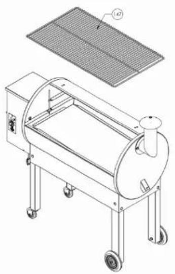 Technical line drawing of a portable stove or boiler with wheels and a grid-patterned cover (no text or symbols)