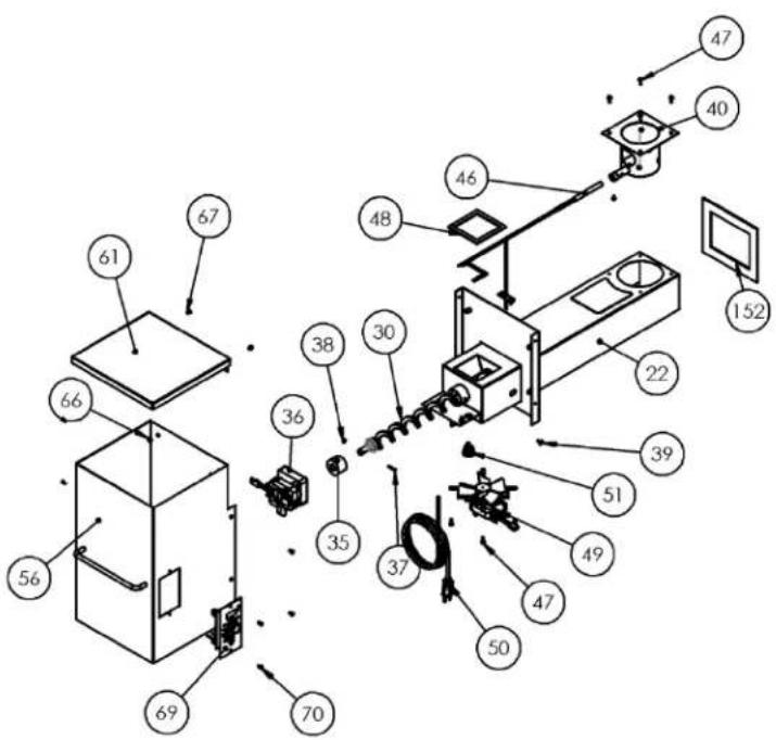 Exploded view diagram of a mechanical assembly with numbered components and labeled parts