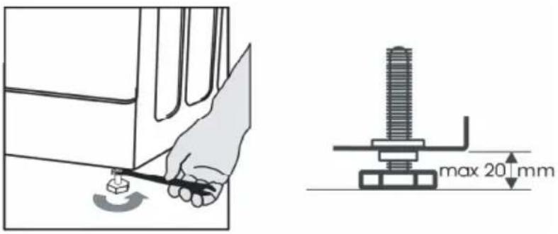 Technical diagram showing a hand using a tool to adjust a component, with a close-up of a bolted screw mounted on a base, annotated with maximum dimension of 20 mm.