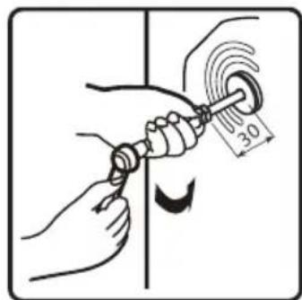 Diagram showing a hand using a tool to measure a circular object with a 30-unit measurement label