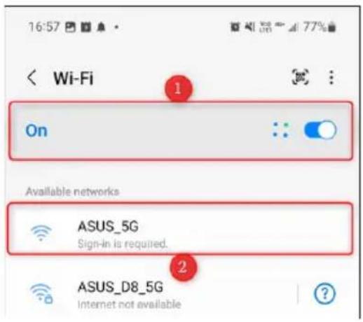 16:57 Wi-Fi On Available networks ASUS_5G Sign-in is required. ASUS_D8_5G Internet not available