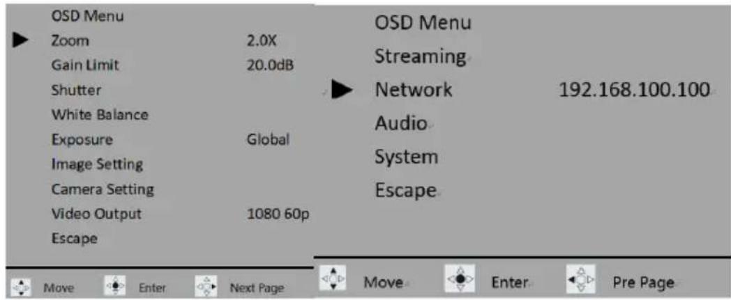 OSD Menu Zoom 2.0X Gain Limit 20.0dB Shutter White Balance Exposure Global Image Setting Camera Setting Video Output 1080 60p Escape OSD Menu Streaming Network 192.168.100.100 Audio System Escape Move Enter Next Page Move Enter Pre Page