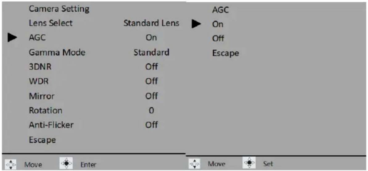 Camera Setting Lens Select Standard Lens AGC On Gamma Mode Standard Escape 3DNR Off WDR Off Mirror Off Rotation 0 Anti-Flicker Off Escape Move Enter Move Set