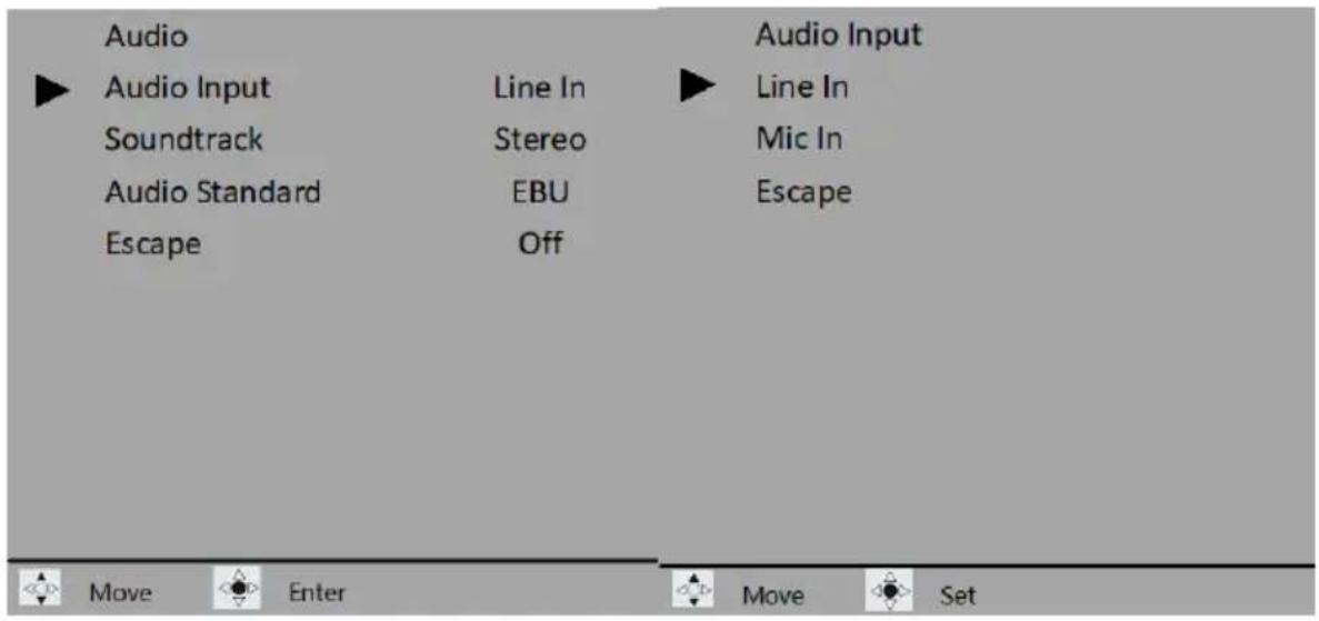 Audio ▶ Audio Input Line In Soundtrack Stereo Audio Standard EBU Escape Off Audio Input ▶ Line In Mic In Escape Move Enter Move Set