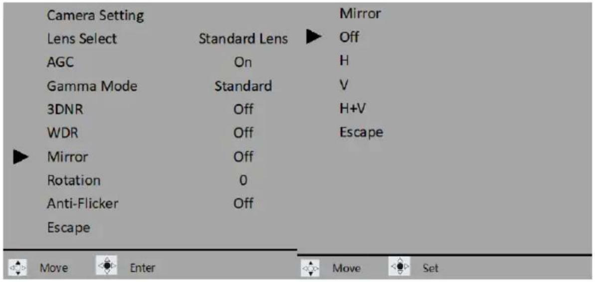 Camera Setting Lens Select Standard Lens ▶ Mirror AGC On H Gamma Mode Standard V 3DNR Off H+V WDR Off Escape ▶ Mirror Off Rotation 0 Anti-Flicker Off Escape Move Enter Move Set
