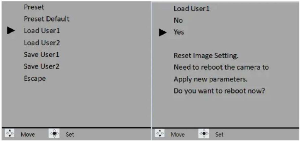 Preset Preset Default ► Load User1 Load User2 Save User1 Save User2 Escape Load User1 No ► Yes Reset Image Setting. Need to reboot the camera to Apply new parameters. Do you want to reboot now? Move Set Move Set