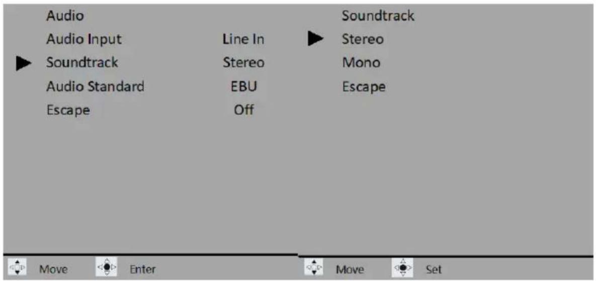 Audio Audio Input Line In Soundtrack Stereo Audio Standard Stereo Mono Escape EBU Escape Off Soundtrack Stereo Escape Move Enter Move Set