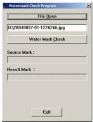 Watermark Check Program File Open D:\20040807-01-1226266.jpg Water Mark Check Source Mark : Result Mark : Exit