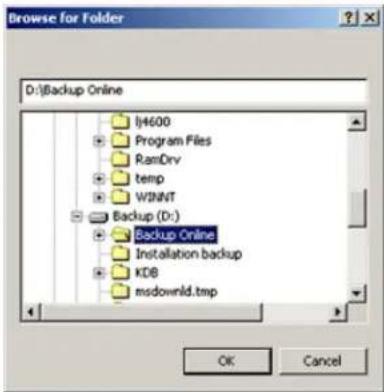 Browse for Folder D:\Backup Online IpH600 Program Files RamDrv temp WINNT Backup (Dr:) Backup Online Installation backup KDB msdownld.tmp OK Cancel