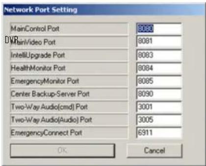 Network Port Setting MainControl Port 9080 MainVideo Port 9081 IntelliUpgrade Port 8083 HealthMonitor Port 8084 EmergencyMonitor Port 8085 Center Backup-Server Port 8090 Two-Way Audio(cmd) Port 3001 Two-Way Audio(Audio) Port 3005 EmergencyConnect Port 6911 OK Cancel
