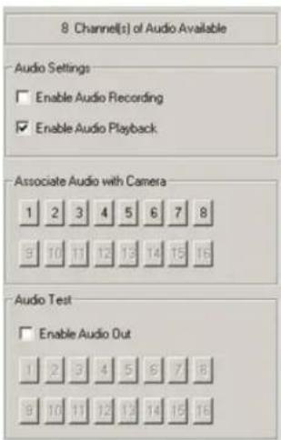 8 Channel(s) of Audio Available Audio Settings Enable Audio Recording Enable Audio Playback Associate Audio with Camera 1 2 3 4 5 6 7 8 9 10 11 12 13 14 15 16 Audio Test Enable Audio Out 1 2 3 4 5 6 7 8 9 10 11 12 13 14 15 16
