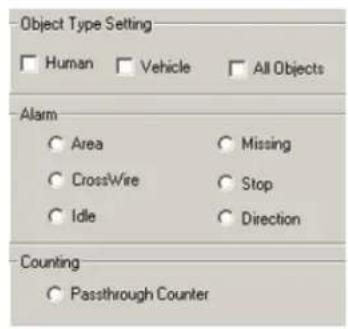 Object Type Setting Human Vehicle All Objects Alarm Area Missing CrossWire Stop Idle Direction Counting Passthrough Counter