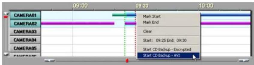 CAMERA01 CAMERA02 CAMERA03 CAMERA04 CAMERA05 CAMERA06 09:00 09:30 10:00 Mark Start Mark End Clear Start: 09:25 End: 09:30 Start CD Backup - Encrypted Start CD Backup - AVI