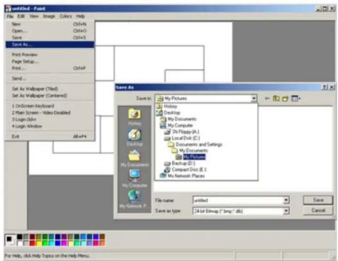 untitled - Paint File Edit View Image Colors Help New Ctrl+N Open... Ctrl+O Save Ctrl+S Save As... Print Preview Page Setup... Print... Ctrl+P Send... Set As Wallpaper (Tiled) Set As Wallpaper (Centerned) 1 OnScreen Keyboard 2 Main Screen - Video Disabled 3 Login Color 4 Login Window Exit Alt+F4 Save As Save in: My Pictures History Desktop My Documents My Computer 3h Floppy (A:) Local Disk (C:) Documents and Settings My Documents Backup (D:) Compact Disk (E:) My Network Places File name: unified Save as type: 24-bit Bitmap ("bmp," dbc) Save Cancel For Help, click Help Topics on the Help Menu.